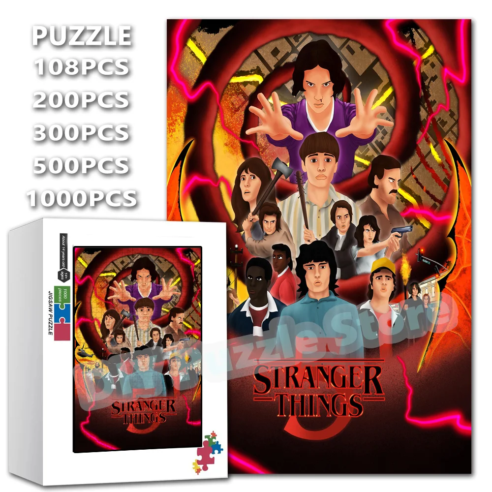 

108/200/300/500/1000/1500 Pieces Diy Assembled Jigsaw Puzzle Stranger Things Series Horror Tv Show Characters Print Puzzle Toys