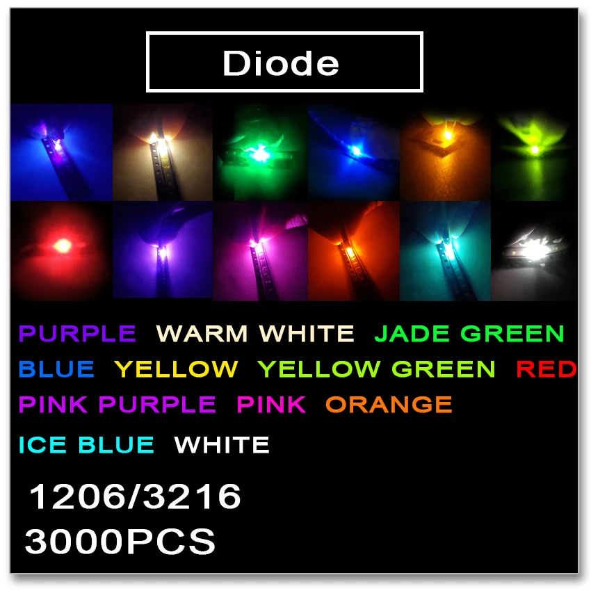 

JASNPROSMA 1206 3216 SMD LED 3000PCS Red Orange Yellow Green Jade green ice Blue White Warm white Pink Purple light High quality