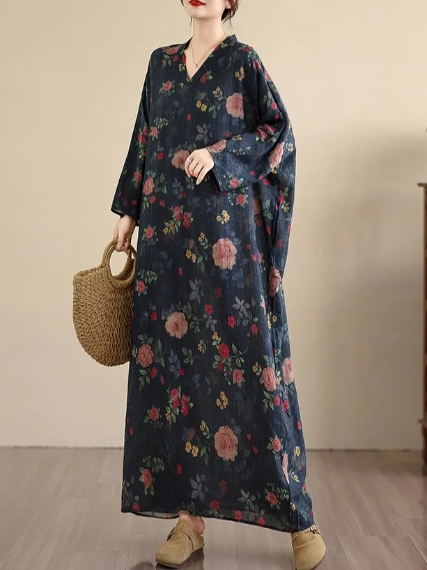 V-Ne الأزهار طباعة الصيف الدكتور المرأة الرجعية اللحوم إخفاء السفر Sle الكورية فضفاضة تناسب ألف خط ميدي الدكتور للخريف