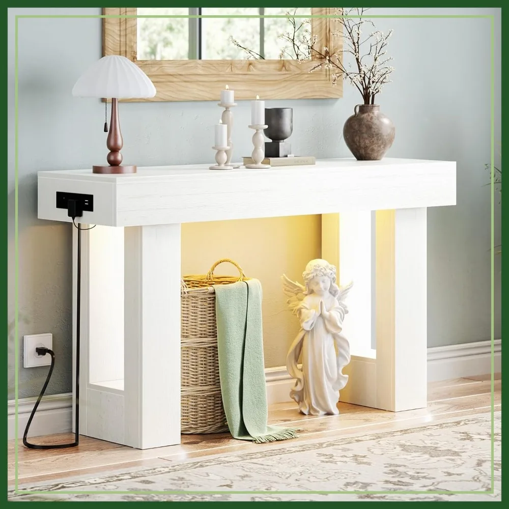 

47" Narrow Console Table with Socket and Sensor Light, Farmhouse Entryway Table for Hallway/Living Room, Antique White