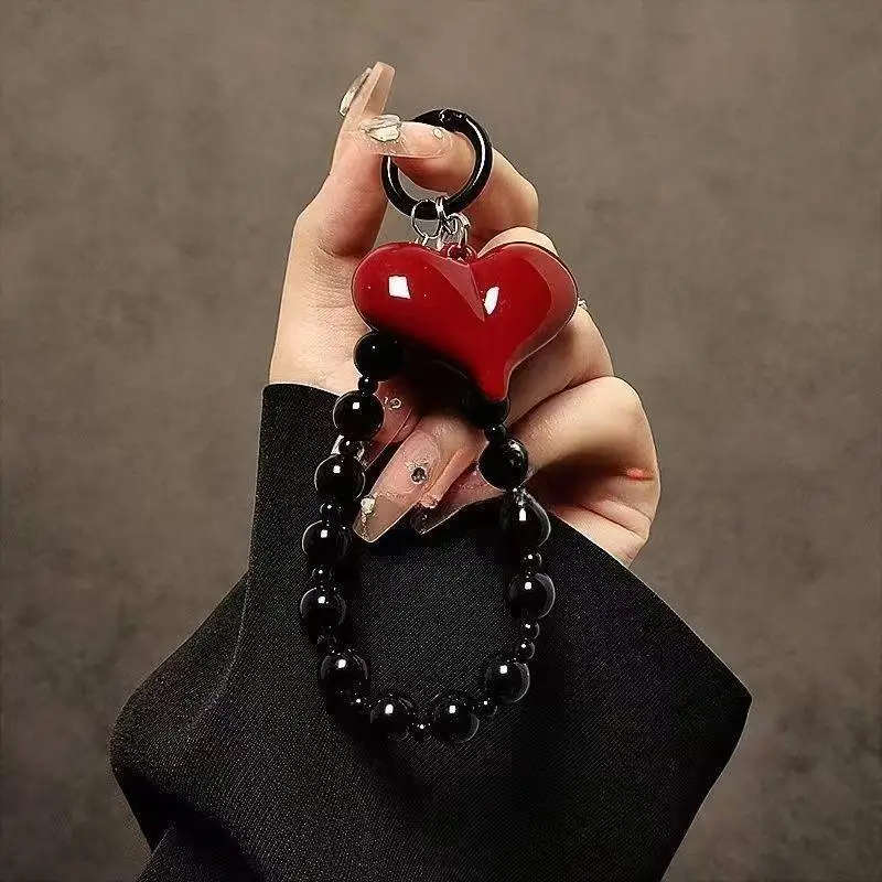 3D Red Love Heart Beaded Phone Lanyard Anti-Drop Hanging Strap Cute Jewelry Accessory for Girls Birthday Present Gift