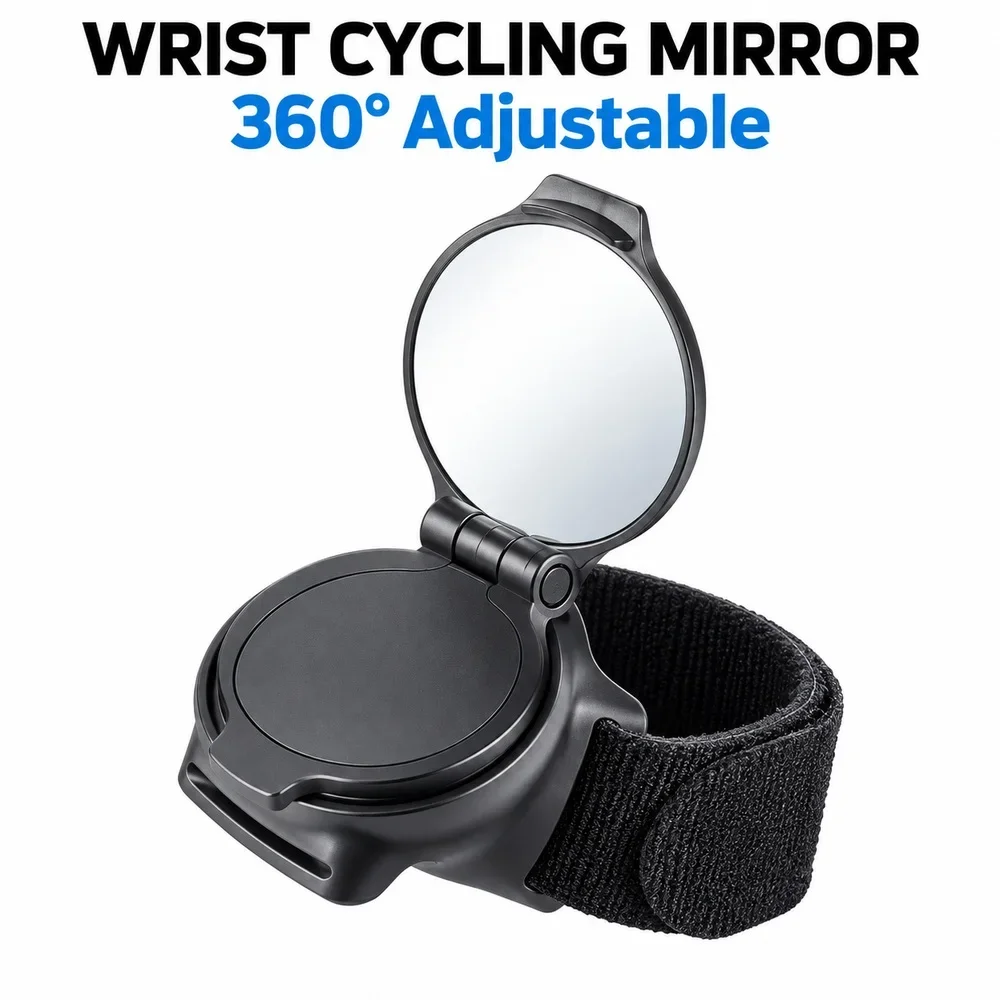 Wrist Mounted Bicycle Mirror Foldable Convex Rear View Lens 360 Degree Rotating Base a Nylon Strap for Road and Mountain Cycling
