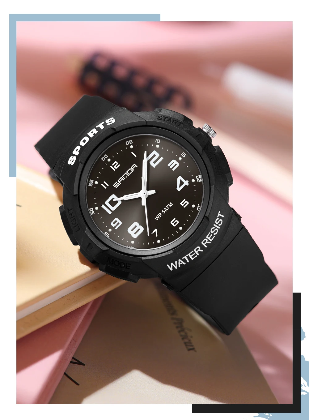 Sanda 9074 Trendy Design Soft Student Watch TPU Strap 50M Depth Waterproof Quartz Movement Children Fashion Sports Wrist Watch