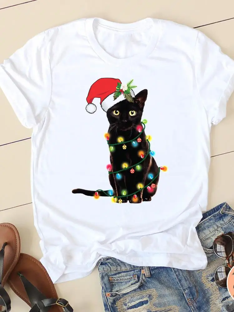 Christmas Watercolor Style Cute 90s Fashion Prints T-shirt New Year Women Clothes O-neck Graphic Lady Casual Female Shirt Tee