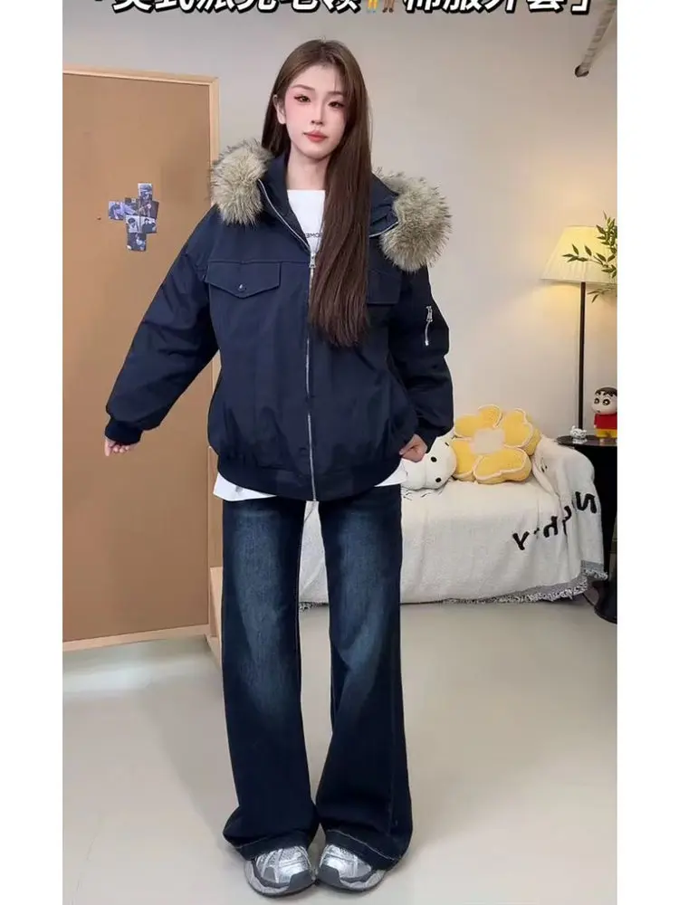 

Корейская парка на подкладке Thened Fce, пальто со съемным меховым воротником для мужчин и женщин, осень-зима, простое теплое хлопковое пальто