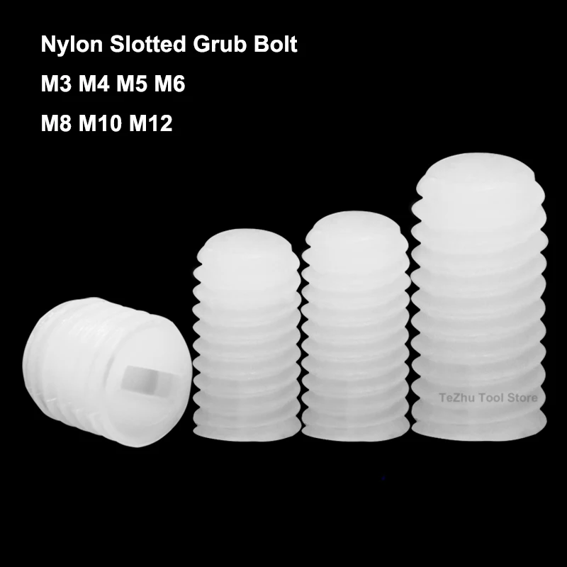 Image of M3 M4 M5 M6 M8 M10 M12 Nylon Gewindestift mit Schlitz, Weißer Kunststoff-Gewindestift mit Flachkopf, Metrischer Kopfloser Stellschrauben-Satz