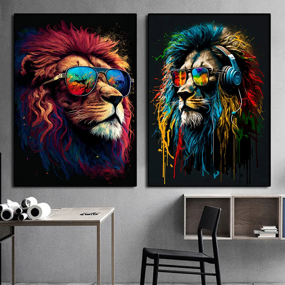 Lion With Headphones and Sunglasses Pop Art Canvas Print Picture For Living Room Decoration Wall Art Painting Poster Mural Decor