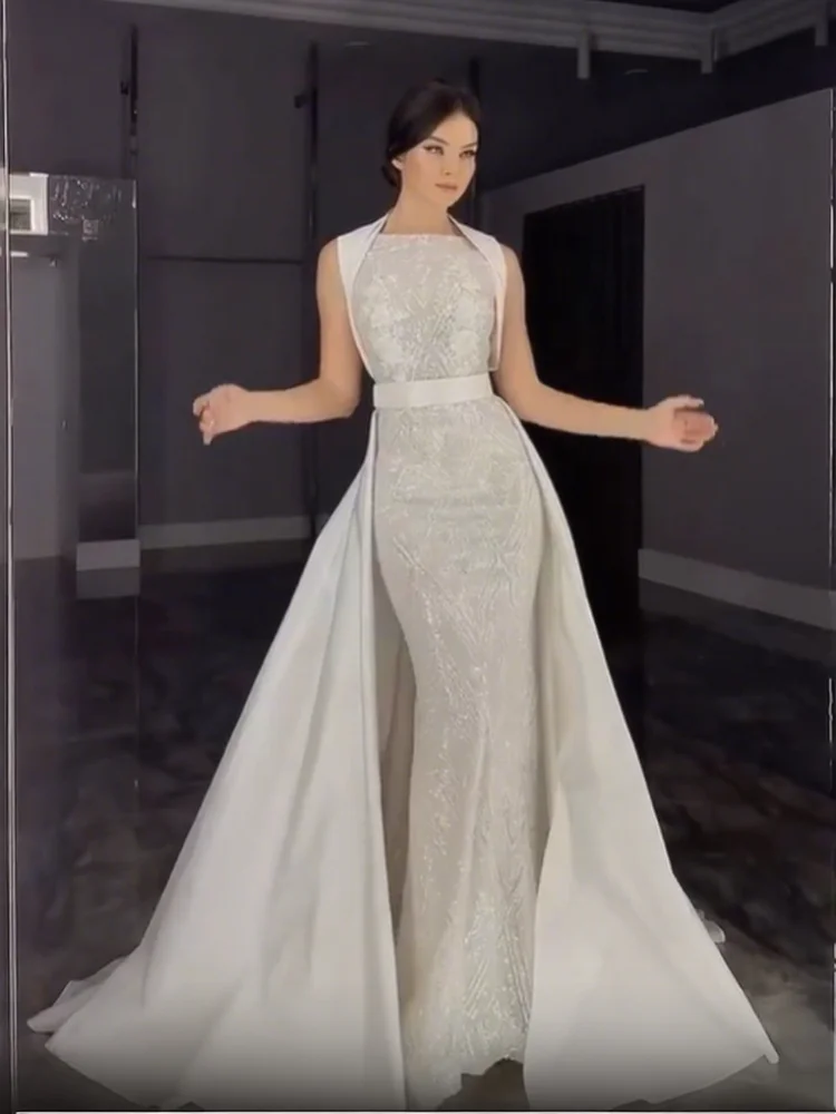 

Серебряное блестящее вечернее платье без рукавов Русалка Вечернее платье Роскошная съемная юбка Бальное платье Vestdos De Fiesta по индивидуальному заказу