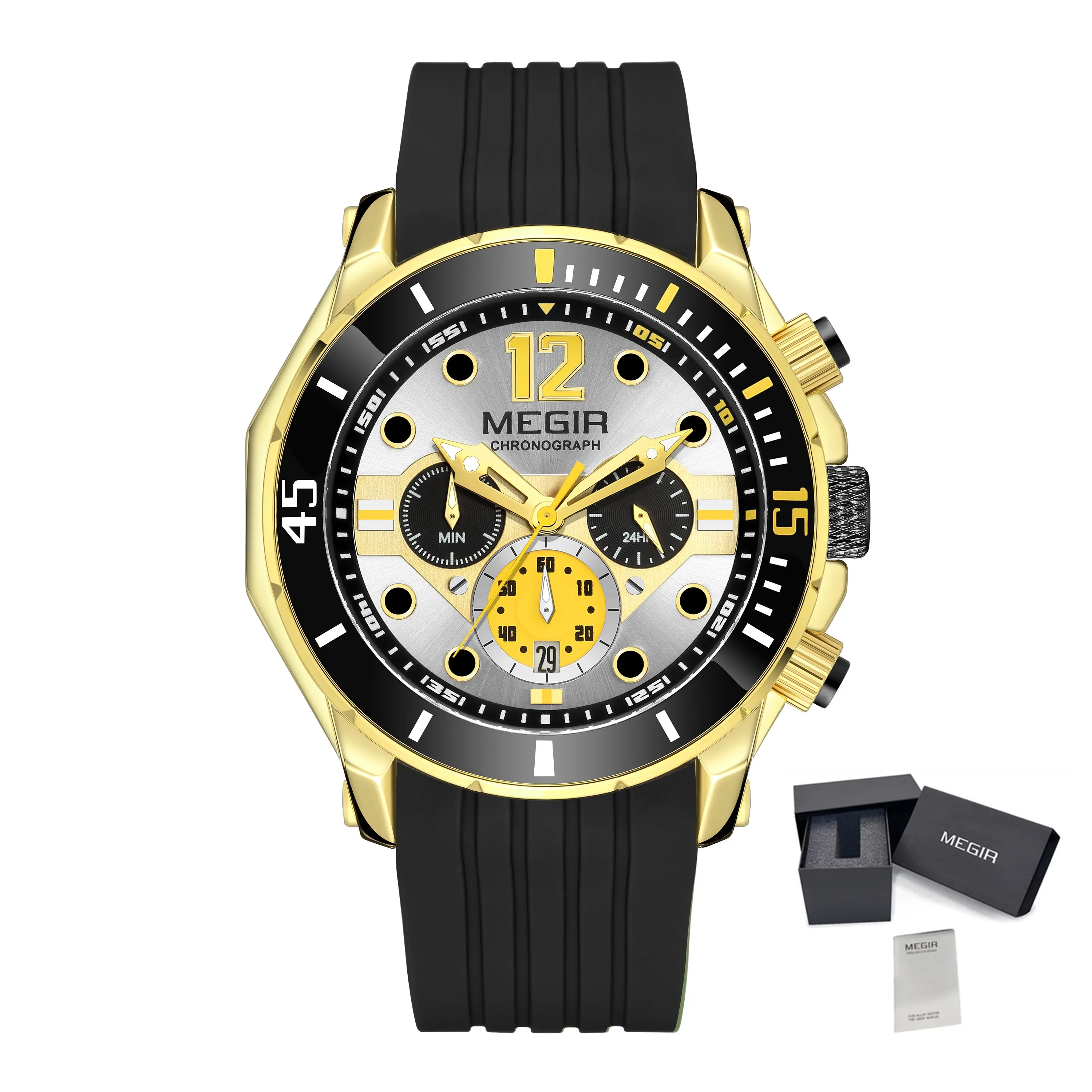 MEGIR 2206 Silicone Strap Men's Sport Watches Chronograph Waterproof Calendar Quartz Wristwatch Male Clock Relogio Masculino