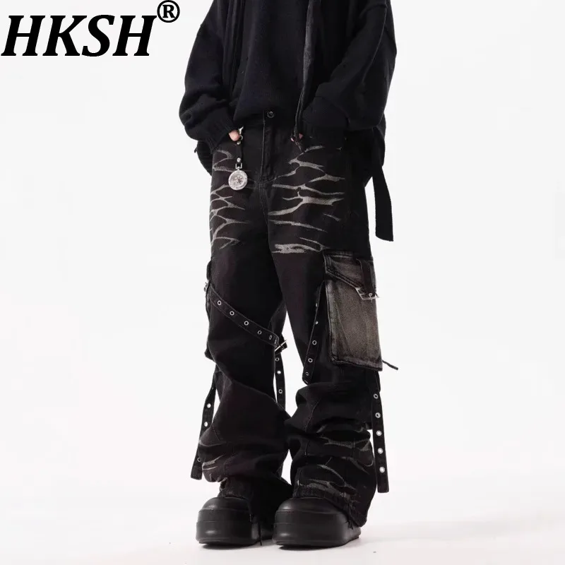 

HKSH Men American Style Corrugated Multi-Pockets Jeans Women Niche Design Heavy Craft Straight Safari Style Denim Pants HK19252
