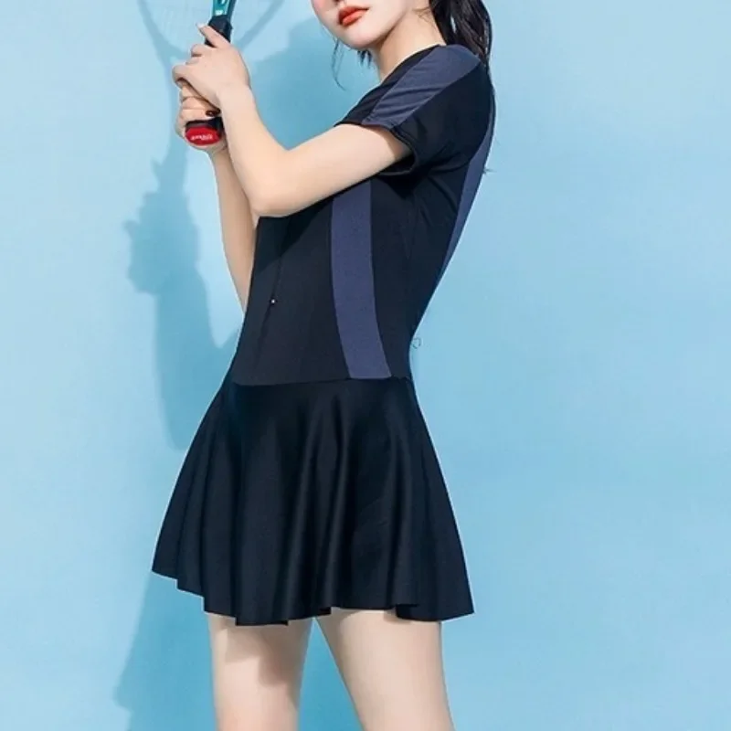 High Waist Black Dress Swimsuit for Women Conservative Short-sleeved Sun Protection Student Sports Summer Swimsuit