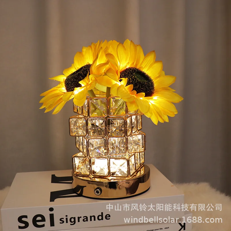 LED Rose Crystal Sunflower Night Light, Desk Lamp, Decoração para Desktop, Quarto, Cabeceira Atmosfera, Presente de Aniversário