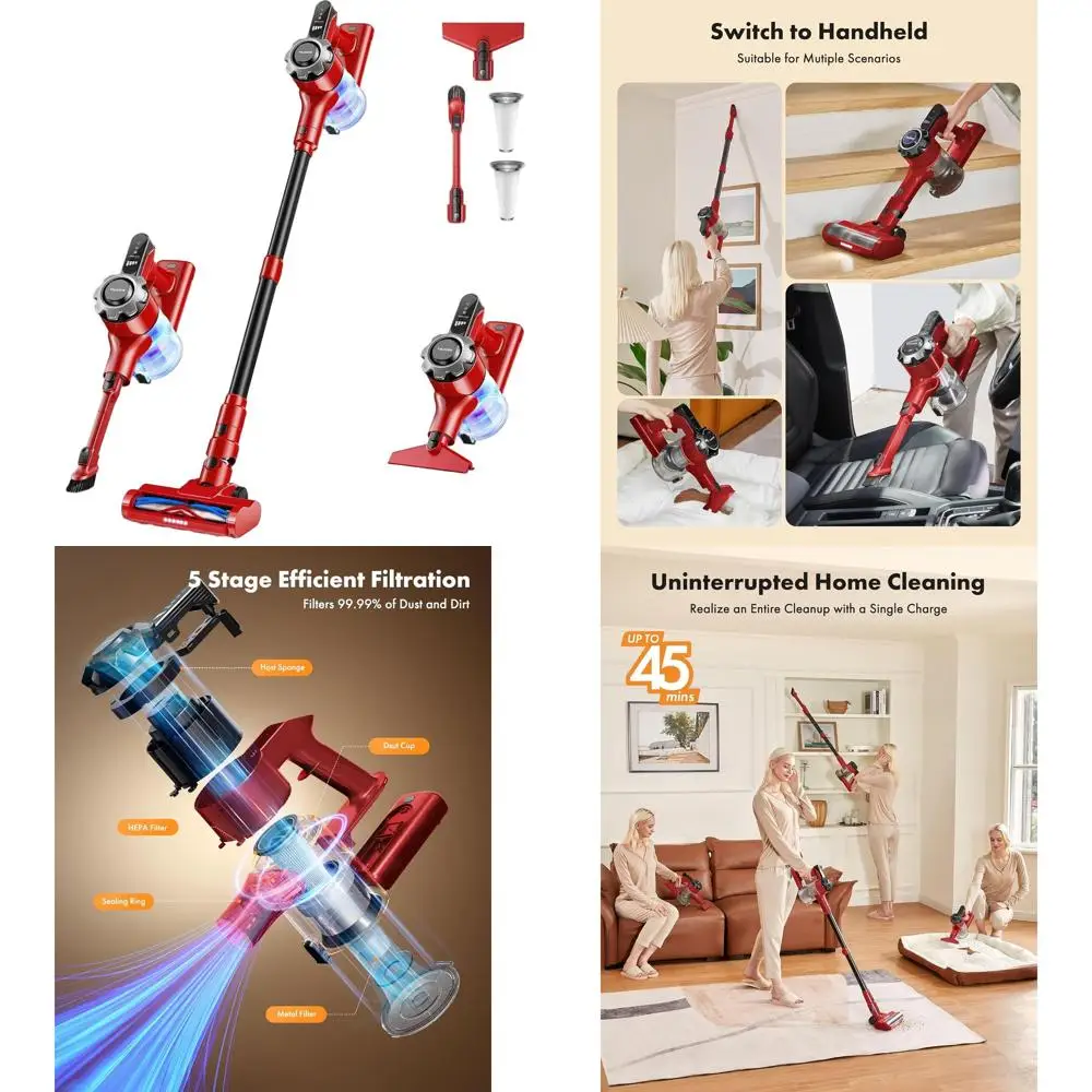 

Lightweight 8-in-1 Cordless Vacuum Cleaner, 45-Minute Runtime, Strong Suction for Homes, Floors, Carpets, Pet Hair, Red