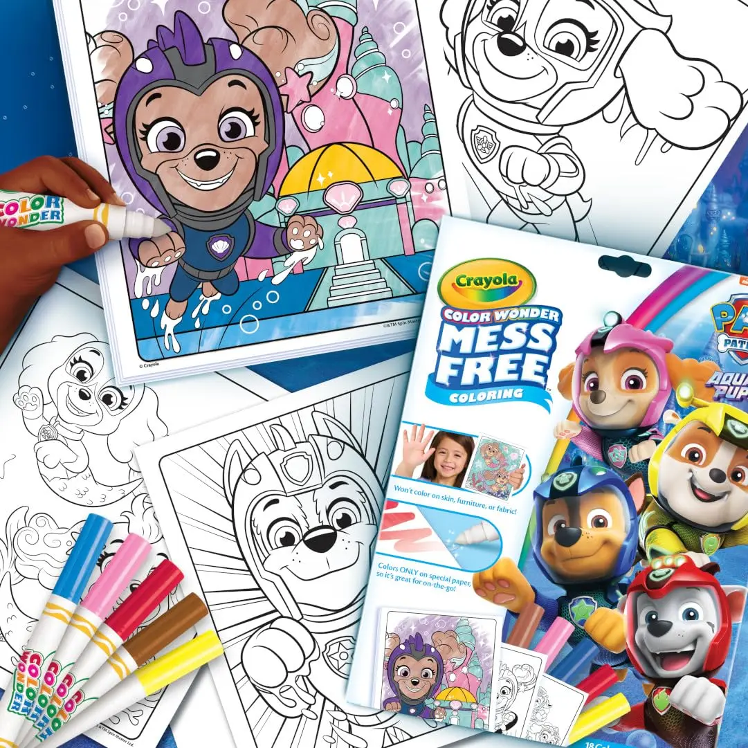 Crayola Color Wonder Paw Patrol Aqua Pups Coloring Set, 18 Color Wonder Pages, 5 Mess Free Markers, Toddler Coloring,