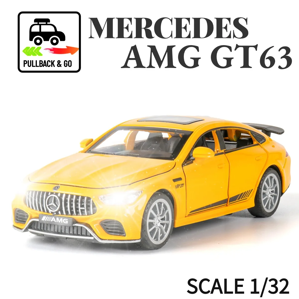 

Mercedes AMG GT63 Scale 1:32 Pullback Car Toy with Lights Engine Sound Metal Diecast Car Model Gift Kid Boy Toy