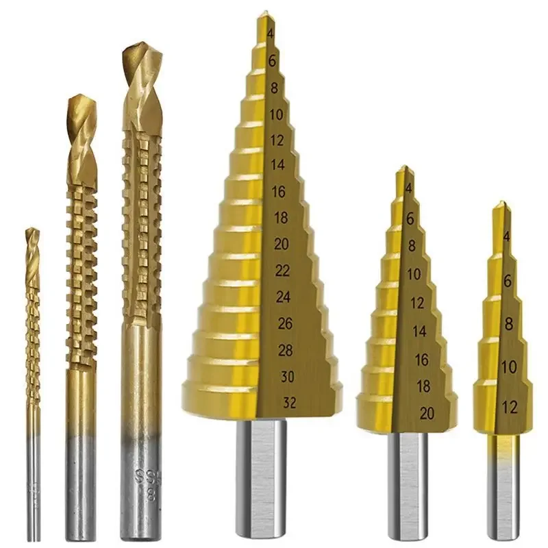 

6Pcs Step Saw Drill Bit Set HSS Titanium Drill Bits Kit 4-12 4-20 4-32mm 3 6 8mm Drilling Hole Cutter Tools for Metal Iron Wood