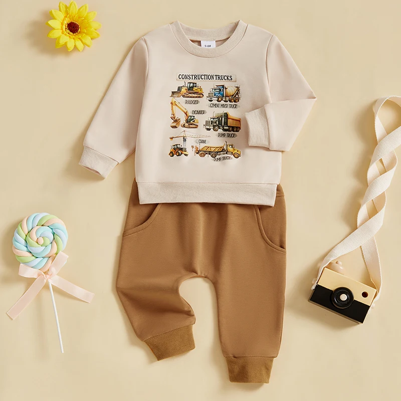 

Toddler Baby Boy 2 Pcs Outfits Casual Construction Print Long Sleeve Pullover Tops Long Pants Set
