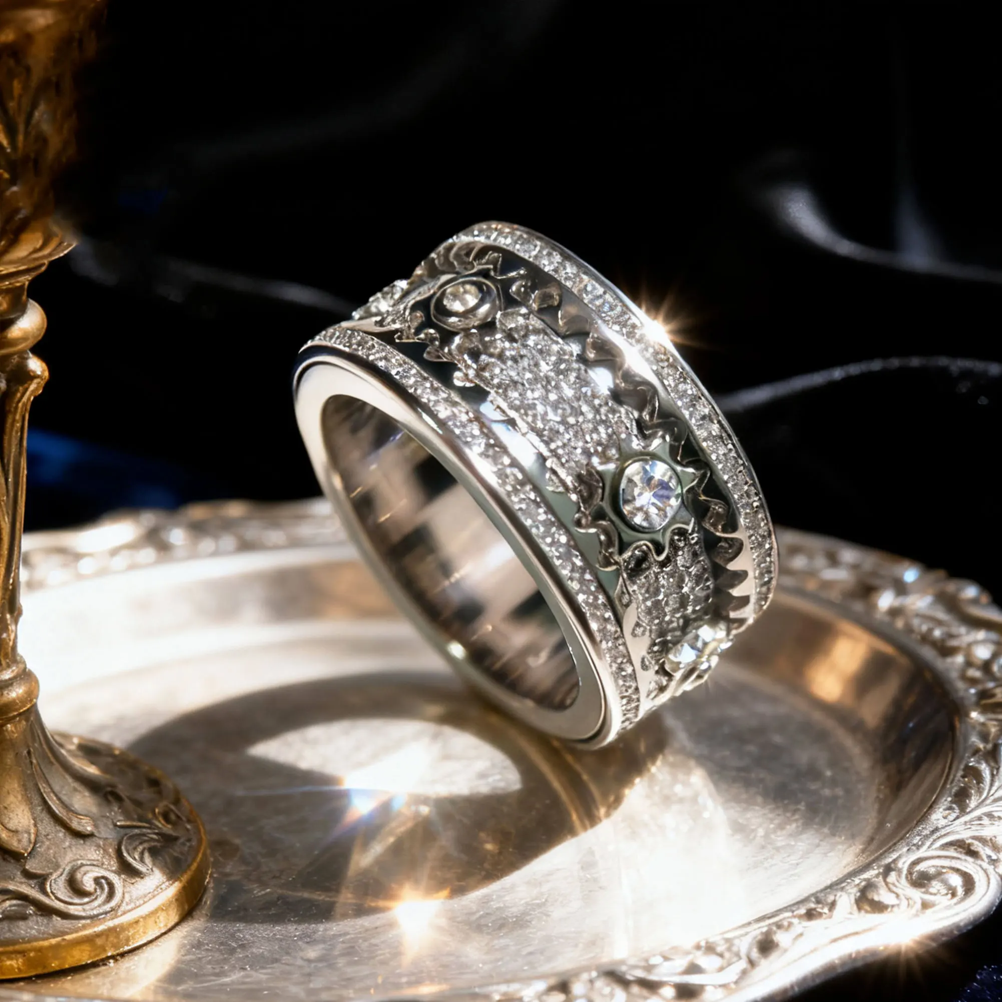 

Fashionable rotating mechanical gear hip-hop 925 Silver Moissanite ring, men's and women's jewelry rotating engagement gift