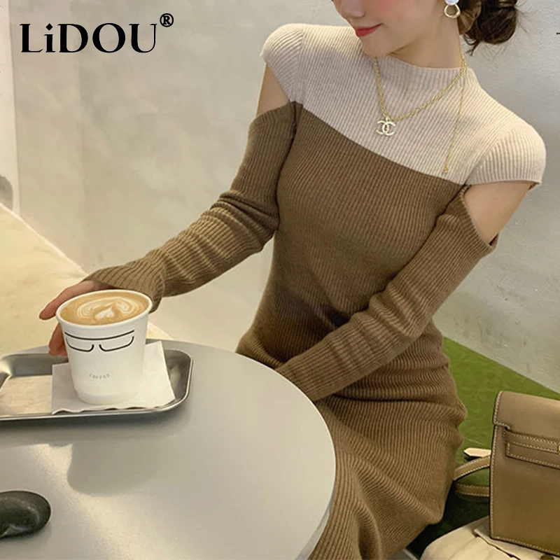 Autumn Winter Elegant Fashion Hollow Out Spliced Sweater Bodycon Dress Women Long Sleeve Vestidos De Fiesta Lady Casual Dresses