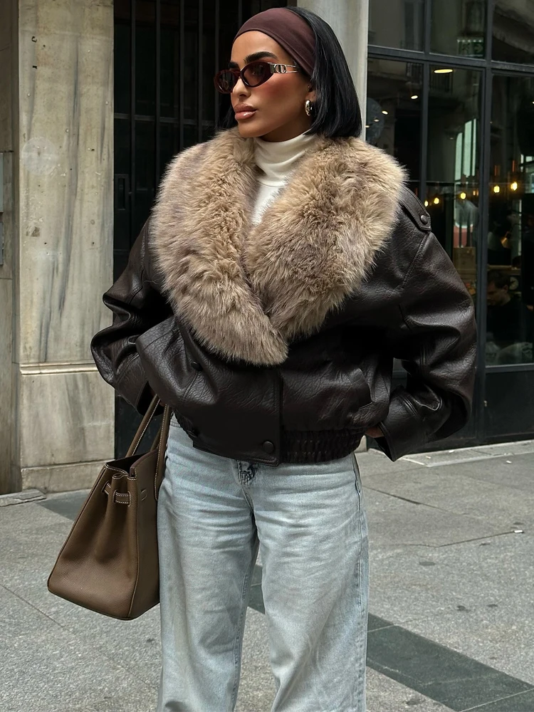 

HH Vintage Women Faux Fur Patchwork Leather Jacket Fashion Female Detachable Fur Collar Double Breasted Winter Warm Street Coat