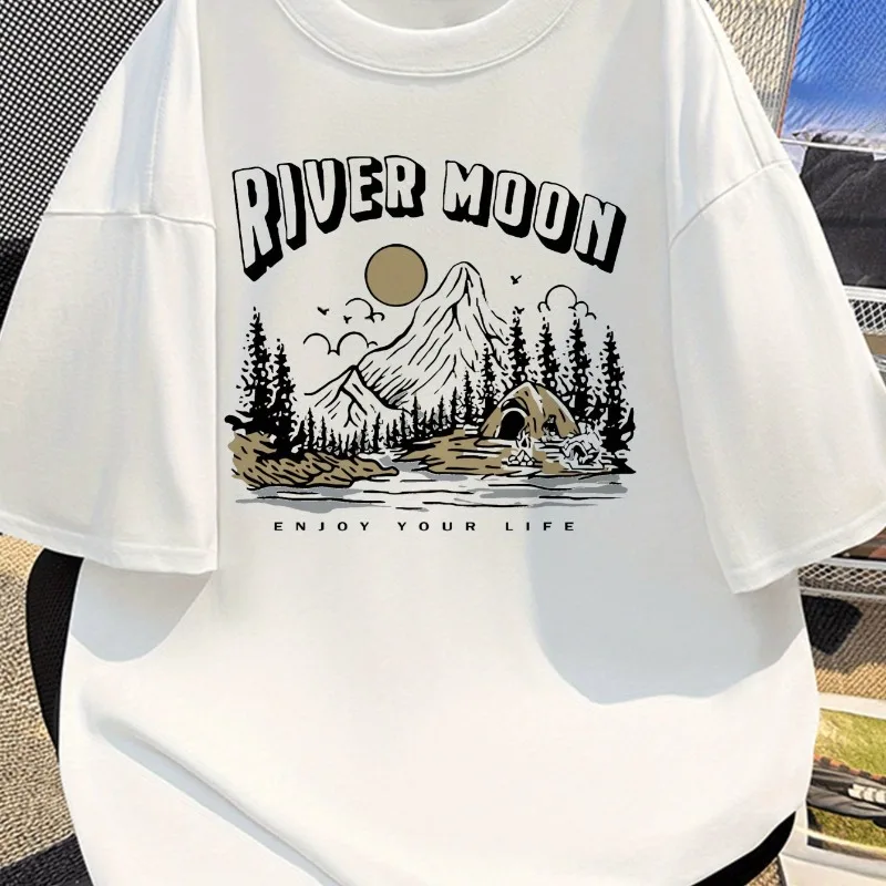 

Printed Short Sleeves River Moon Mountain and Pine Tree T-shirt Cotton Summer T-shirt Men's and Women's Fashion Trend Loose Top
