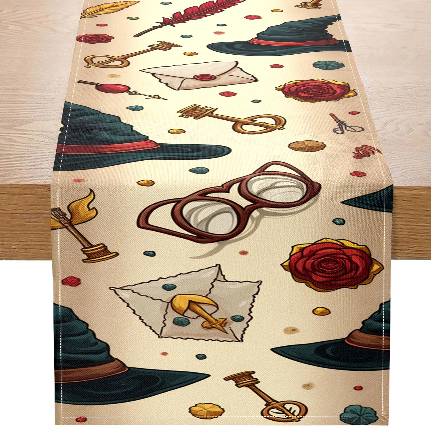1 Piece of Magic Element-Themed Table Runner, Decorated with Wizard Hats, Quills, Envelopes, and Other Magical Elements, Suitable for Fantasy-Style and Magic-Themed Spaces