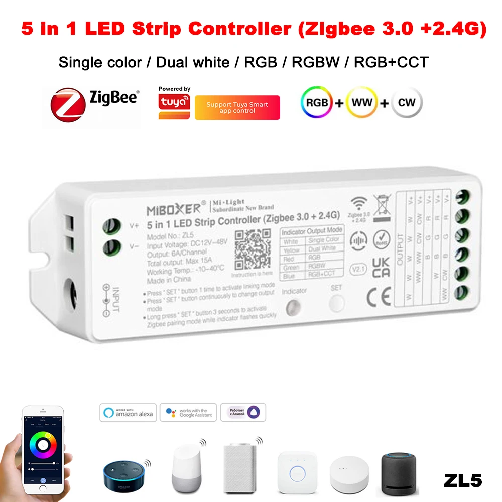 Miboxer ZL5 Zigbee3.0 + 2.4GHzRF 5IN1 kontroler WiFi aplikacja/TUYA/sterowanie głosowe dla pojedynczego/dwukolorowego RGB RGBW RGB + CCT taśmy Led