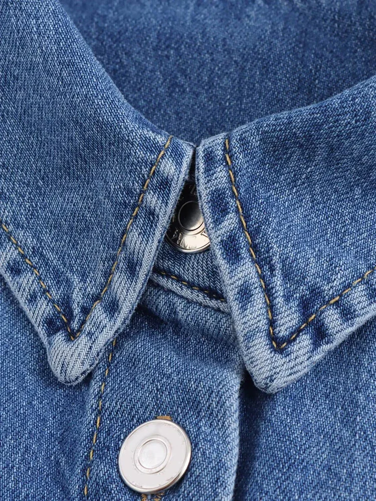 Willshela Women Fashion With Pocket Denim Solid Single Breasted Blouse Vintage Lapel Neck Long Sleeves Female Chic Lady Shirts