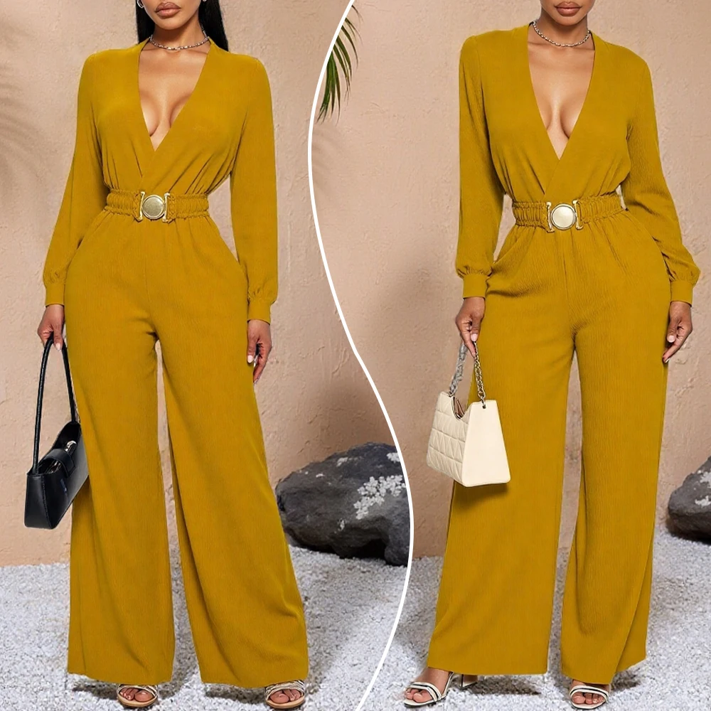 

Autumn Elegant V-neck Solid Long Jumpsuits Fashion Commuting Belt Lace-Up Wide Legger Romper Casual Long Sleeve Women's Playsuit