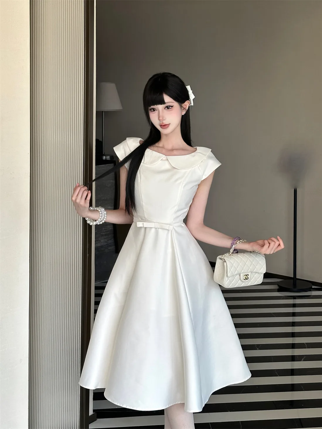 

Princess Style Short Sleeve High Waist A-Line Dress Elegant Doll Collar Long Dress Casual Date Wear High Quality Material