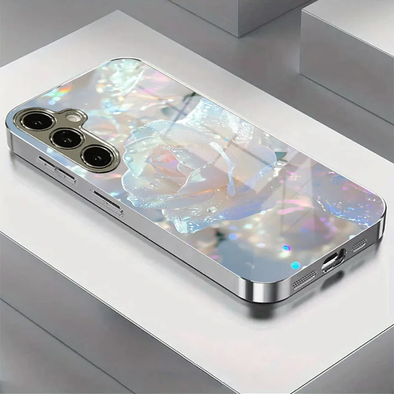 Colorful Drops White Rose Electroplated Glass Phone Case for Samsung GalaxyS26 S25 S24 S23 S22 S20 FE/Ultra/Plus anti drop Cover
