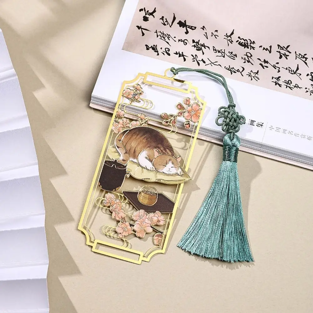 Cat Hollowed Cat Bookmark Flower Chinese Style Metal Reading Bookmark Fashion Tassels Chinese Style Bookmarks Reading Marker