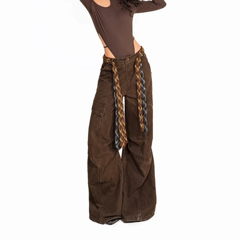 American Retro Pleated Women's Cargo Pants 2025 Autumn Winter New Wide-Leg Floor-Length Fleece-Lined Warm Versatile Jeans Ladies