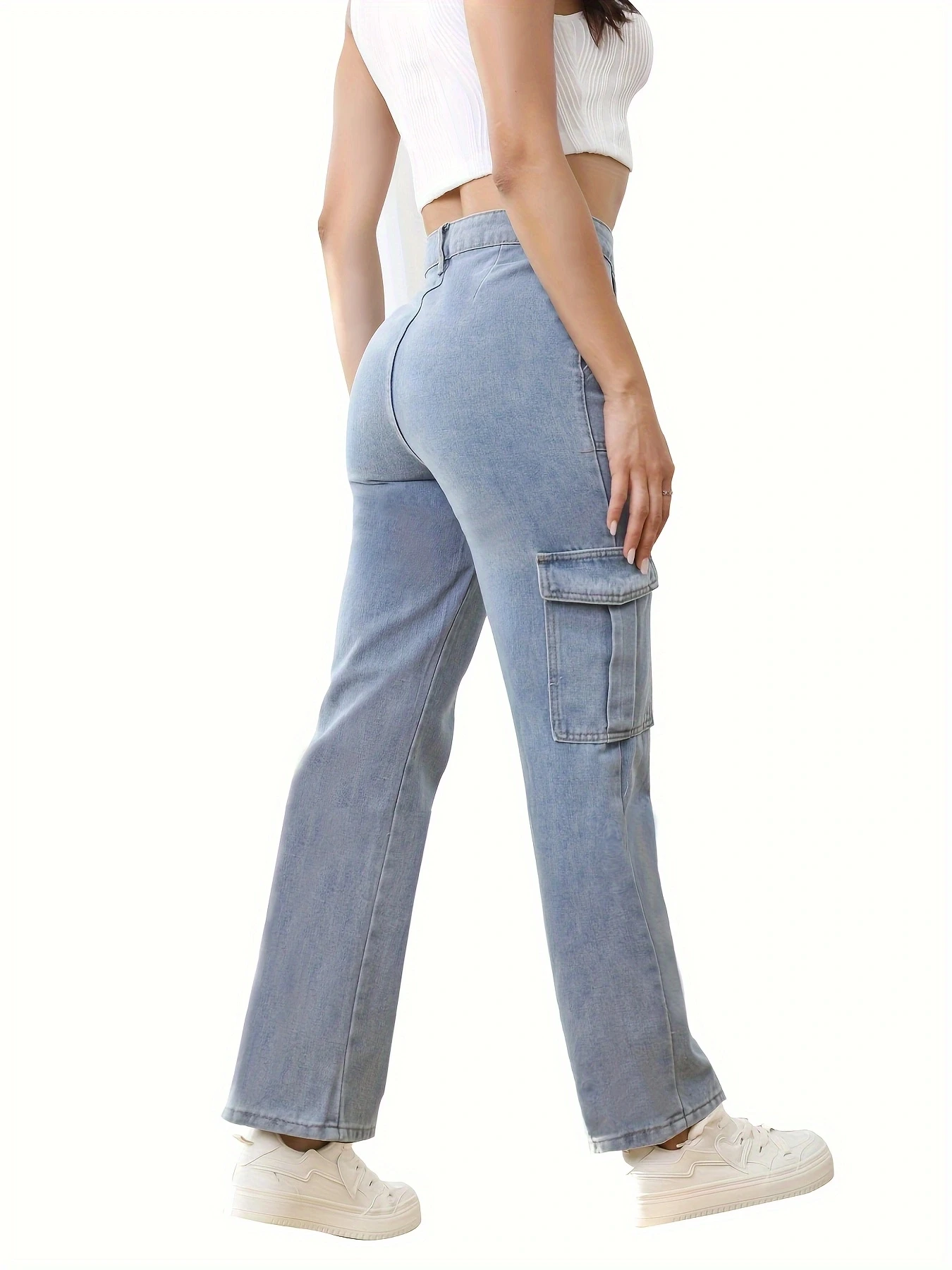 

Женские модные повседневные эластичные свободные прямые джинсы со средней талией, всесезонные, можно стирать в машине.