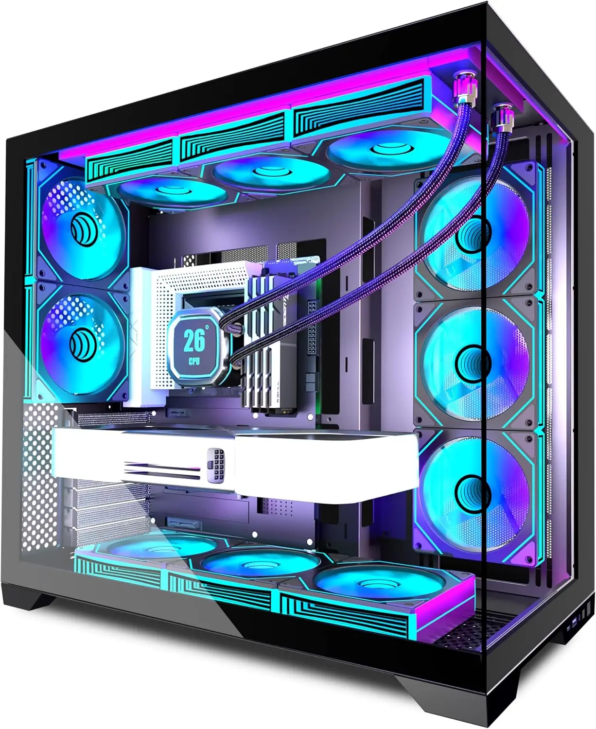 Mid-Tower Gaming PC Case with 9 ARGB Fans, Tempered Glass, Type-C Port, Supports 420mm &amp; 360mm Radiators, Black