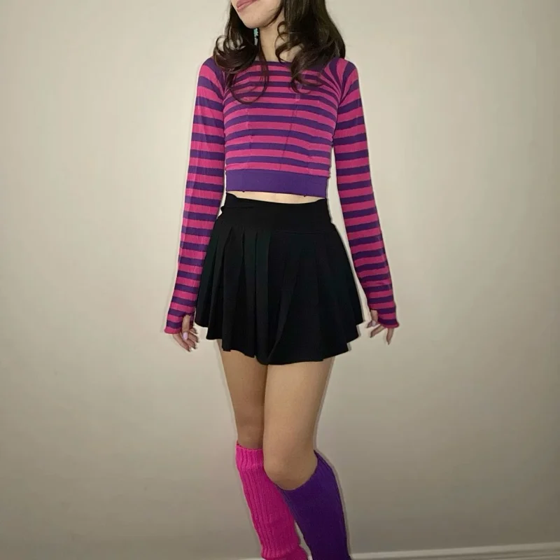 Women Y2k Stripe Long Sleeve Crop Tops Cute Polka Dot Pink Purple Striped Bee Print Top for Halloween Cosplay Party ﻿