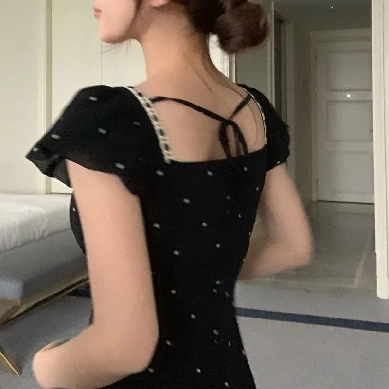 

Fashionable Square Collar Drawstring Bow Long Dress Female Clothing Polka Dot Summer New French Style Flying Sleeve Slim Dresses