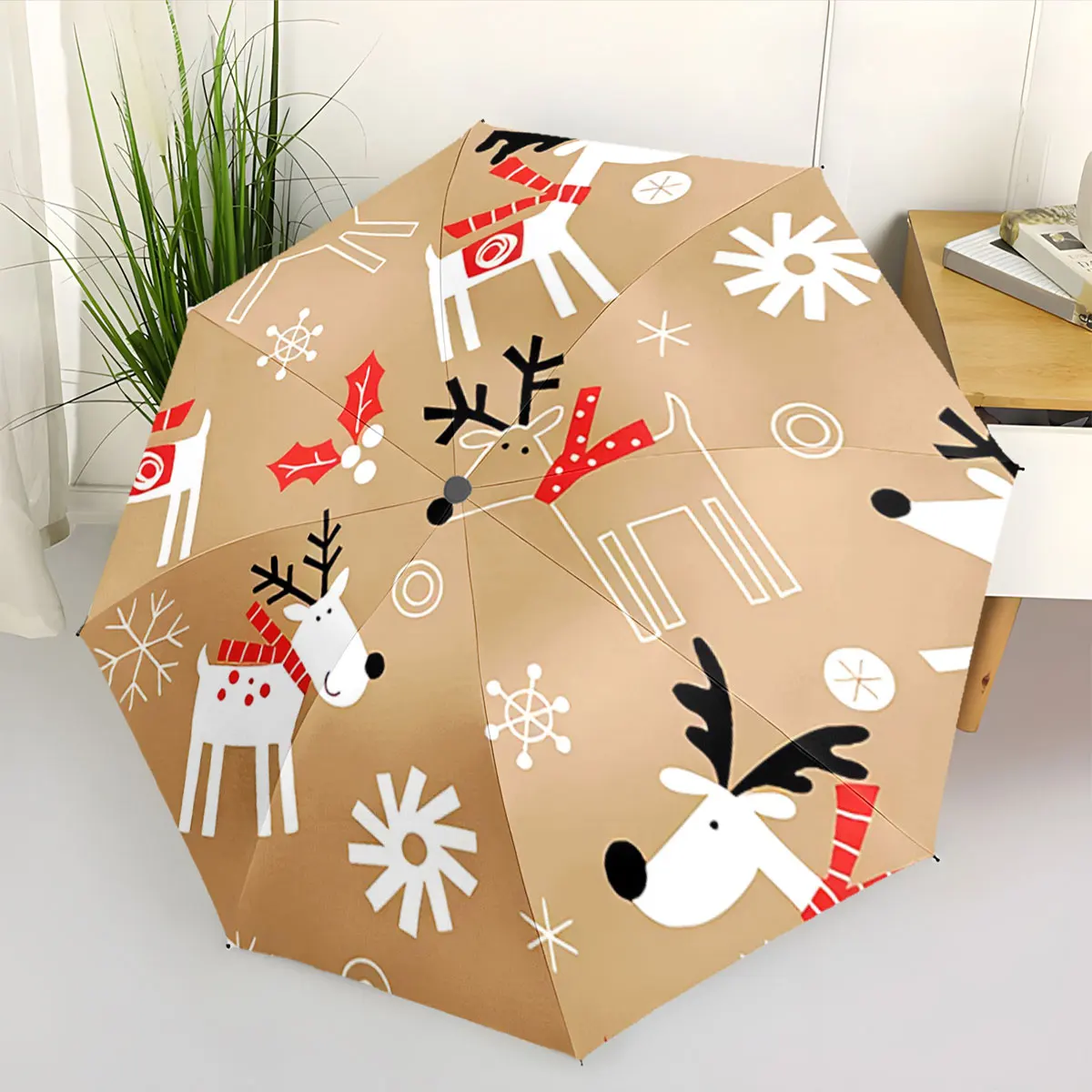 Cute Reindeer Pattern with Snowflakes Brown Umbrella portable waterproof sun rain umbrella for outdoor travel beach