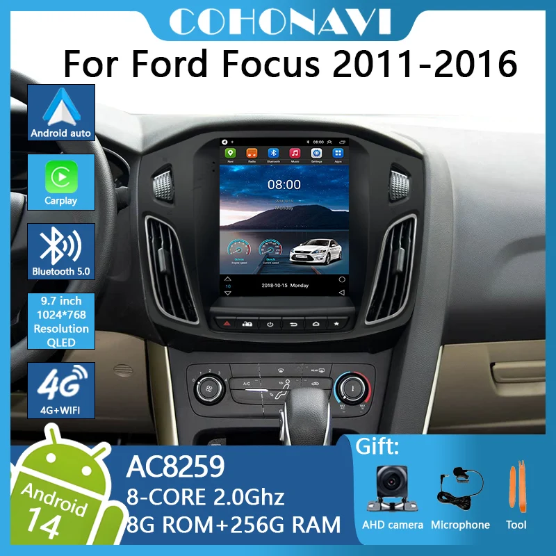9.7 inch Android14 For Ford Focus 2011-2016 Car Radio Gps Navigation AC8259 8-core 8+256G 1024*768 carplay Android Auto
