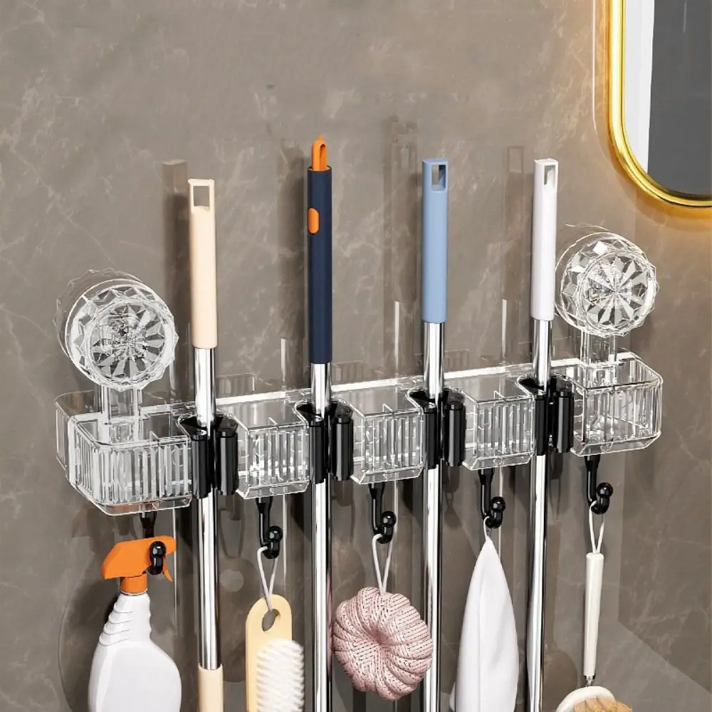 4 Position Suction Cups Wall Clip 5 Hooks Reusable Mop Hanging Rack Strong Suction Waterproof Suction Wall Mount Bracket Kitchen