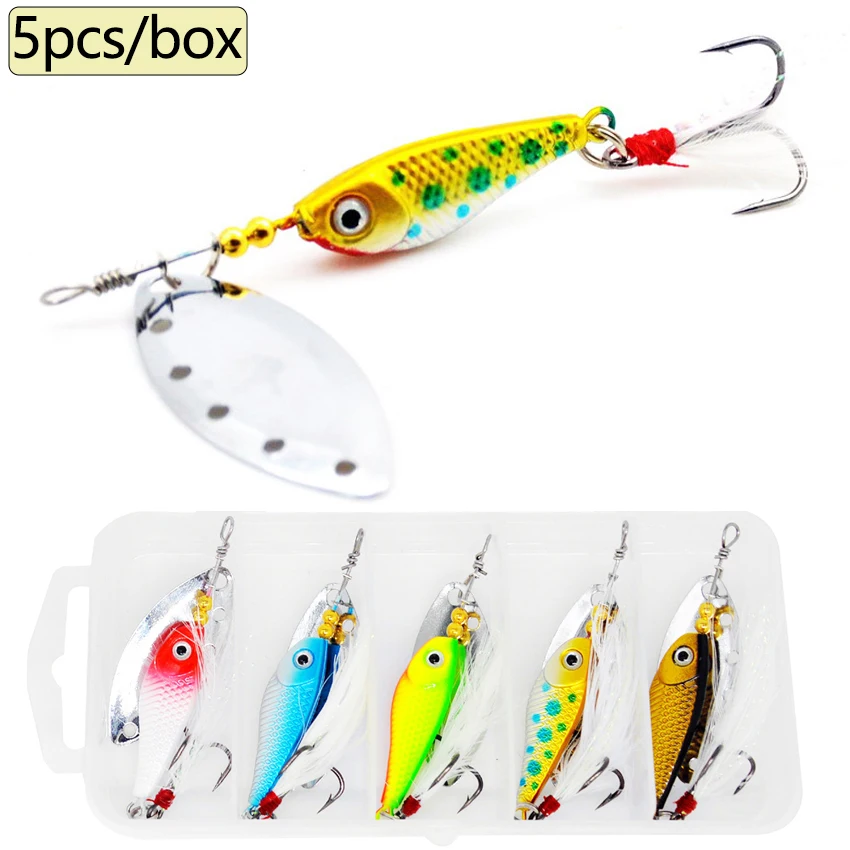 5pcs/box Spinner Spoon Vib Metal Fishing Lures 13.5g Ice Fishing Spoon Artificial Baits Wobbler Rotating Bait with Treble Hooks