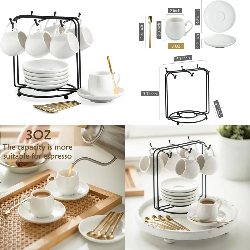 

espresso cups with saucers set, 3 ounces coffee cups with metal stand and spoons, ceramic cappuccino coffee cups demitasse cups