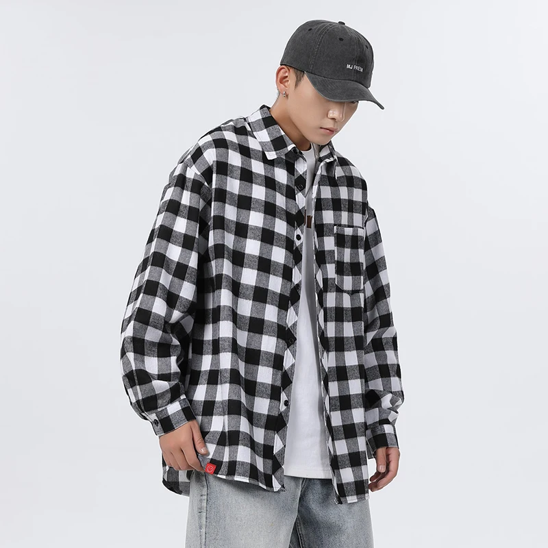 

Trend Fashion Versatile Autumn Men's Lapel Plaid Contrast Color Single Breasted High Street Casual Loose Long Sleeve Shirts Tops