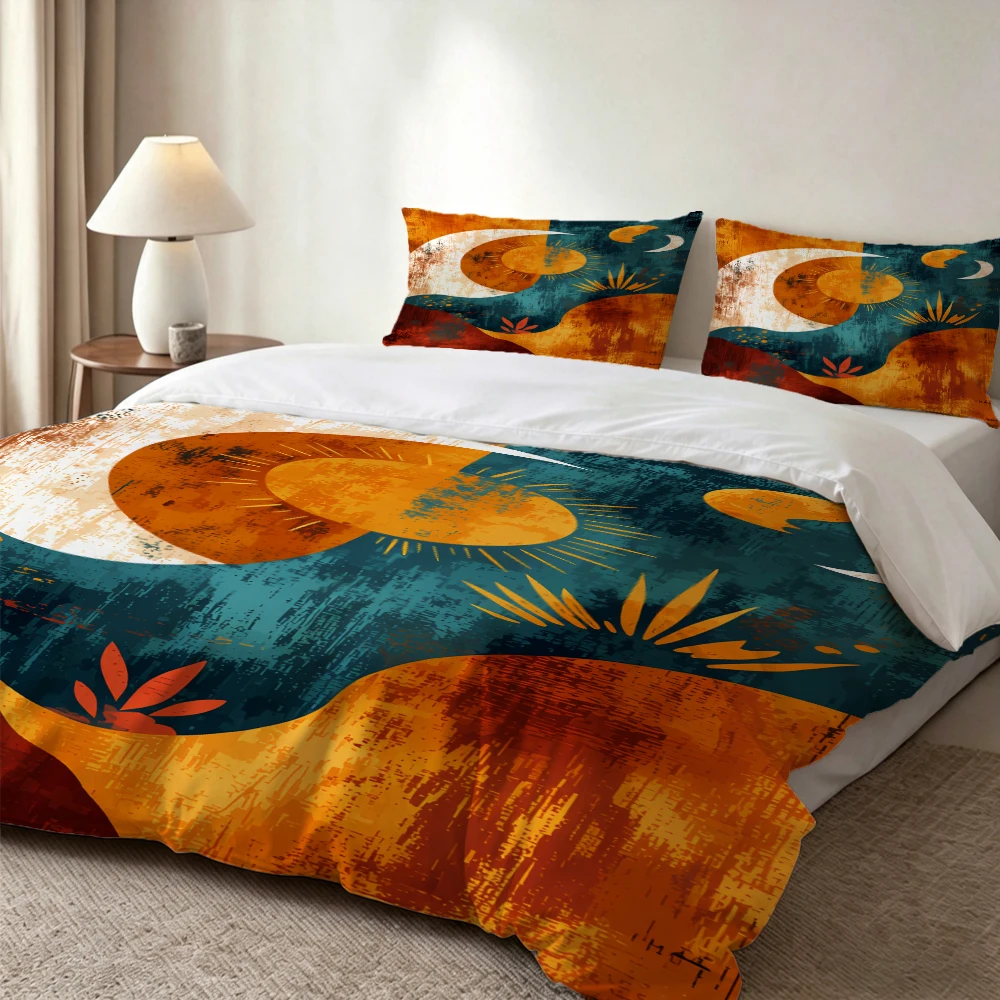 High-Definition Digital Printed Bedding Set, Vintage Sun, Moon, and Stars Abstract Art Pattern Duvet Cover Set, Large Floral Print Duvet Cover Set, Includes 1 Duvet Cover + 2 Pillowcases, Suitable for Bedroom, Guest Room, Home Decoration, Polyester Fiber Duvet Cover + Pillowcase Three-Piece Set, Ultra-Soft Bedding, Thick Fabric, Suitable for All Seasons, Machine Washable, 3 Pieces