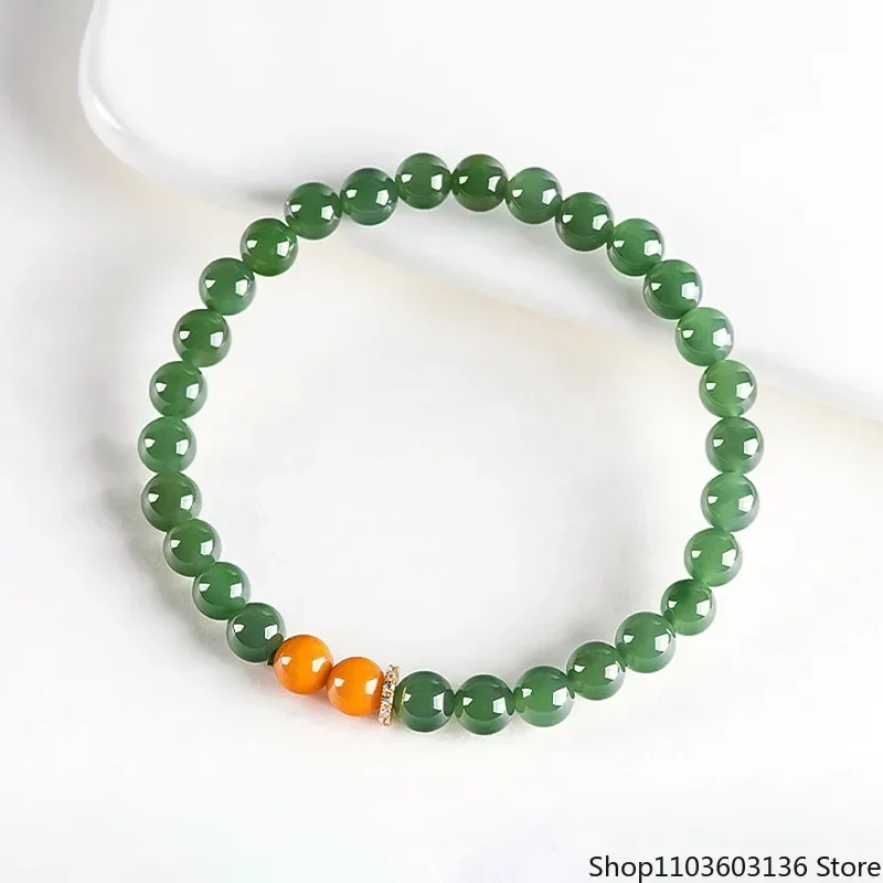 

100% натуральный нефрит Хэтянь, яшма, браслет из пчелиного воска, 6 мм, женская зеленая эластичная веревка, ювелирные изделия, модные ювелирные изделия высокого качества, подарок