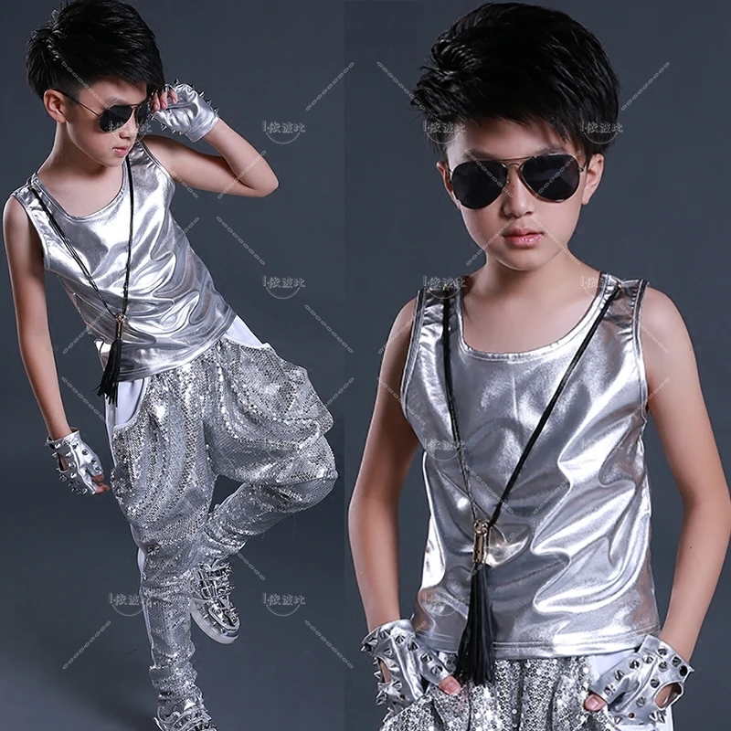 Hip Hop Dance Costumes Kids Leather Vest Top Children Street Clothes Child Boys Jazz Dancing Stage Performance Wear