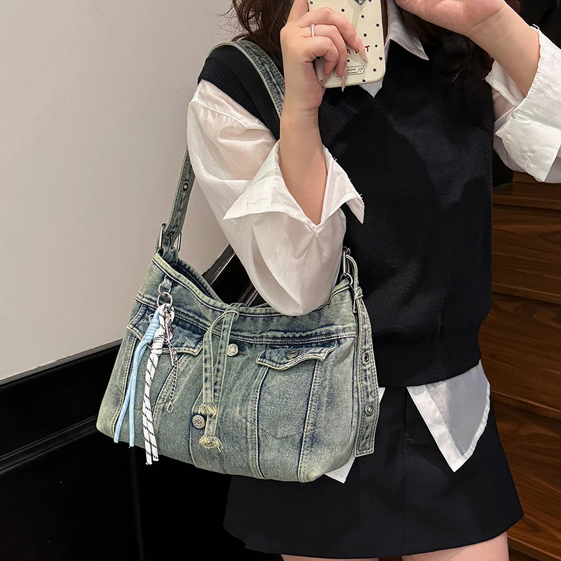 

Сумки через плечо из однотонной джинсовой ткани в стиле панк-рок, лаконичный фестиваль, незаменимые для концертов и путешествий, модная дорожная сумка большой вместительности