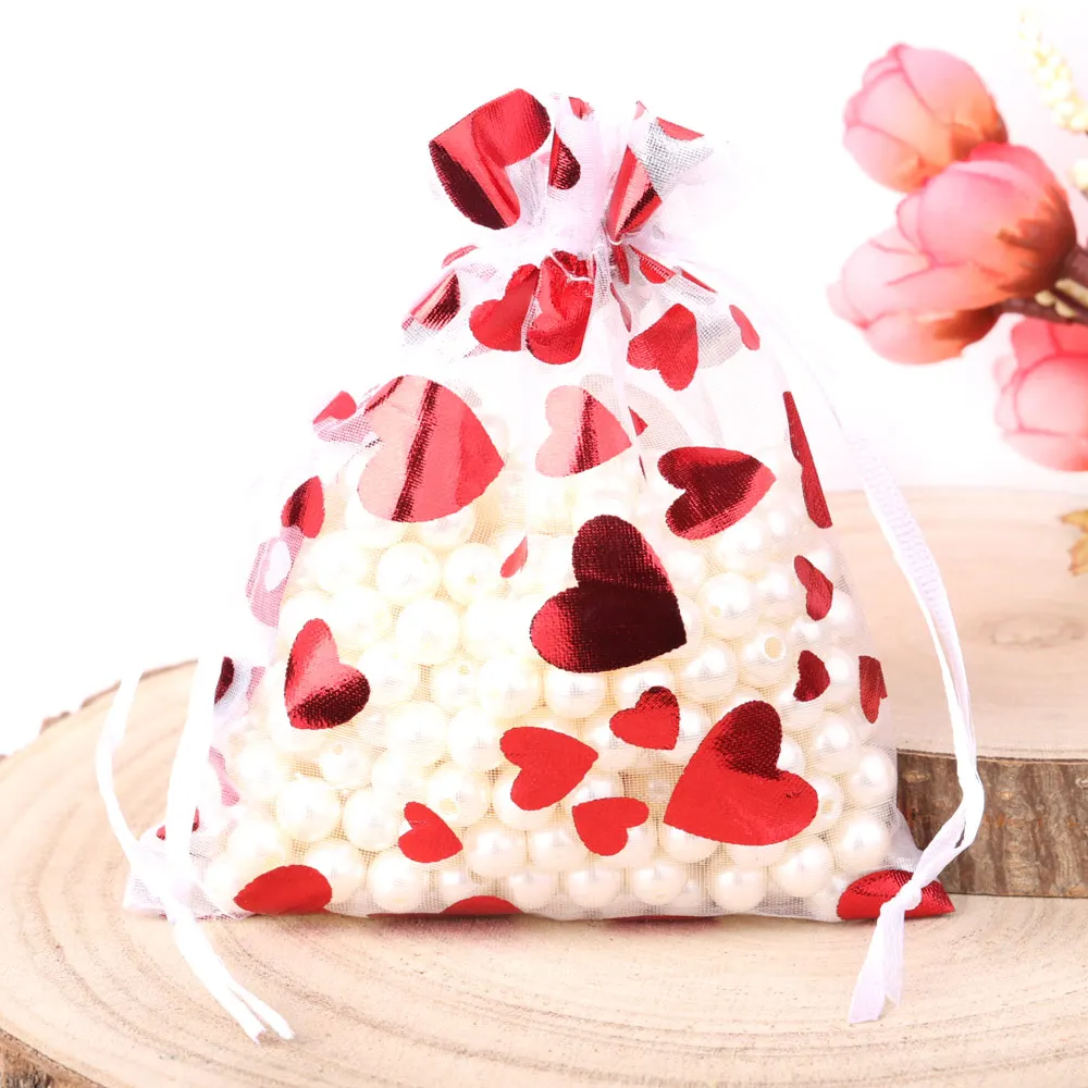 25pcs/Lot Red Love Heart Organza Bags 9x12cm 10x15cm 13x18cm Wedding Christmas Party Candy Storage Gift Pouches Jewelry Bag