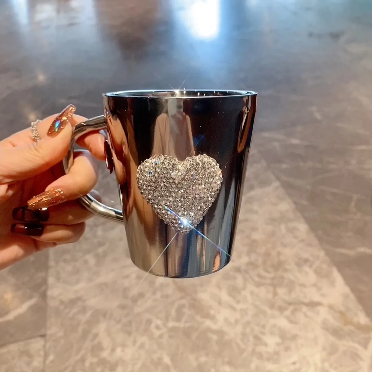 Bling Coffee Mug Rhinestone Heart Double Wall Stainless Steel Vacuum Cup 300ml Portable Travel Tumbler Milk Tea Cup Water Mugs