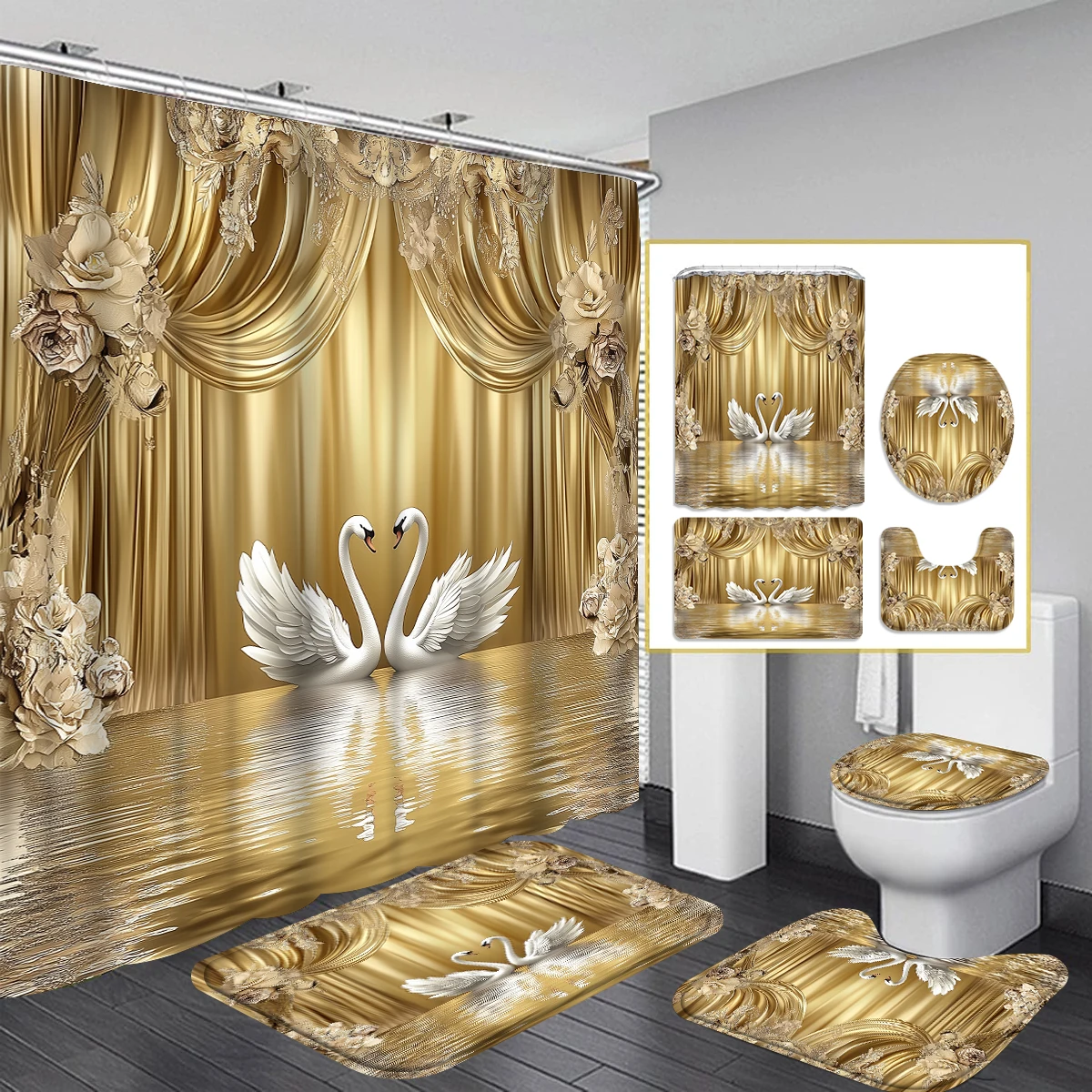 1/4PC gold swan curtain water shower curtain set,waterproof shower curtain and waterproof non-slip carpet,12free hooks